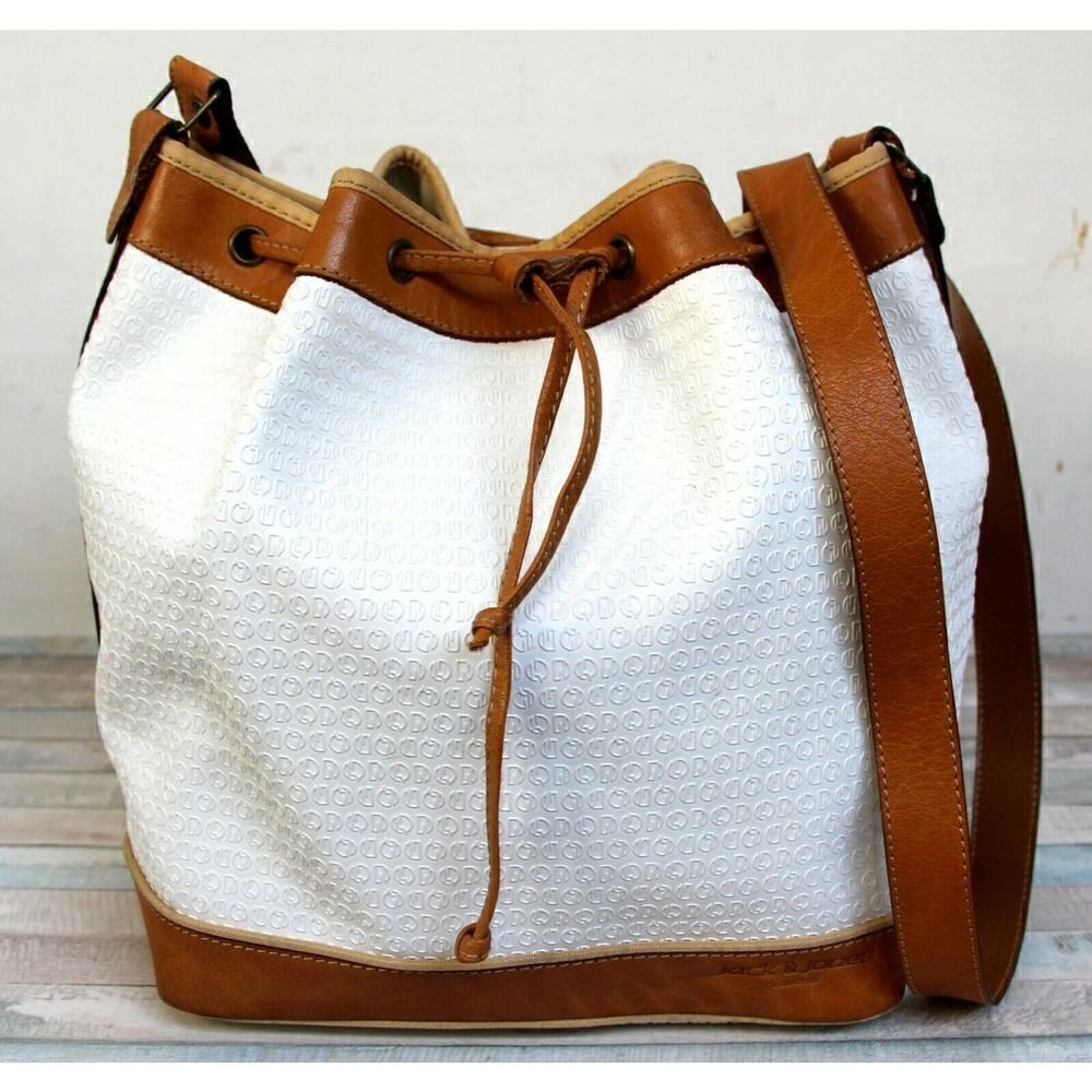 JACK & JONES WHITE VINYL BROWN REAL LEATHER DRAWSTRING SHOULDER BAG XBODY BACKET